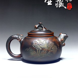 复古茶器家用泡茶壶 坭兴陶茶壶纯手工名家黎昌权松鹤延年壶中式