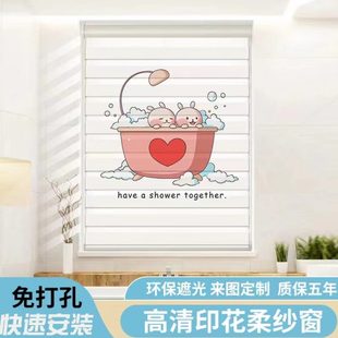 印花柔纱帘免打孔浴室卫生间窗帘防水卧室客厅家用遮光儿童房定制