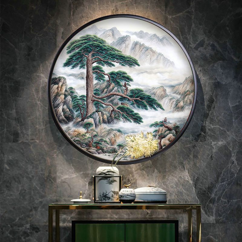 迎客松圆形玄关装饰画现代中式茶室挂画客厅背景墙会所松树壁画图片