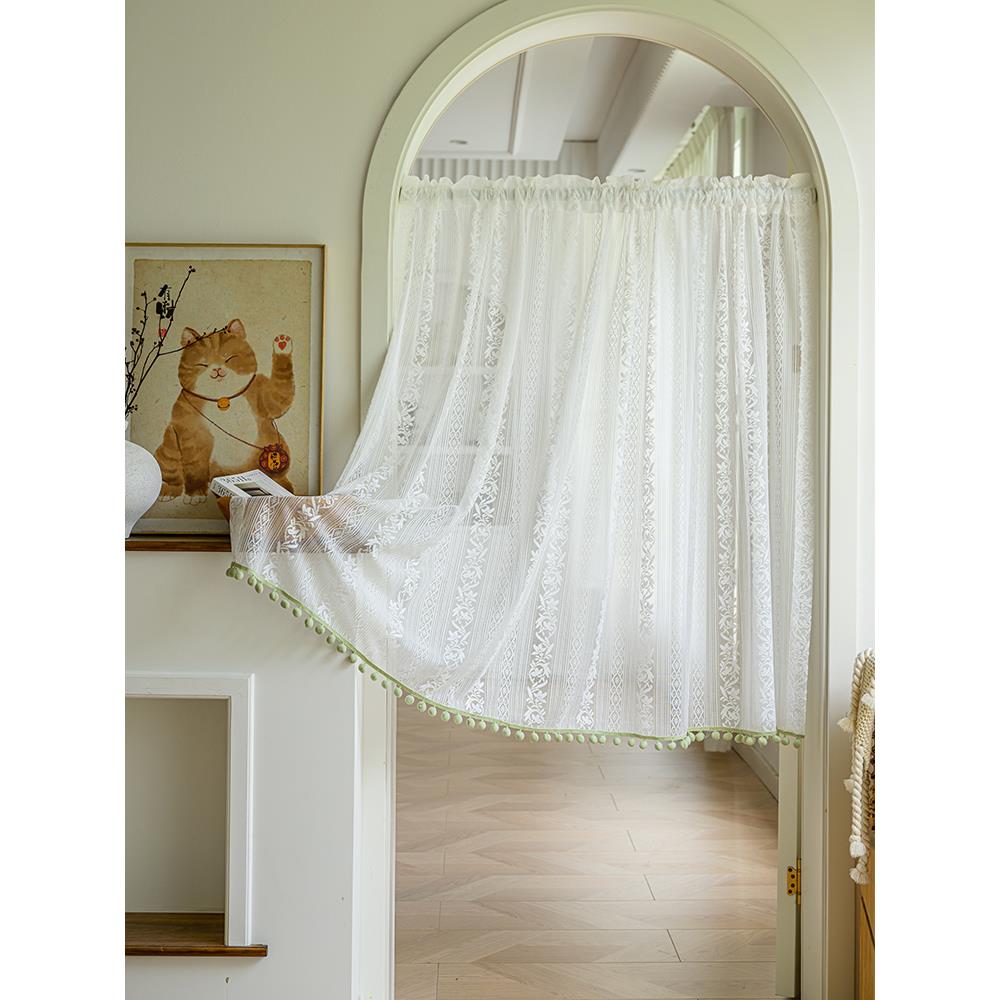 门帘隔断帘房间蕾丝纱帘免打孔伸缩杆法式田园厨房卫生间半截短帘