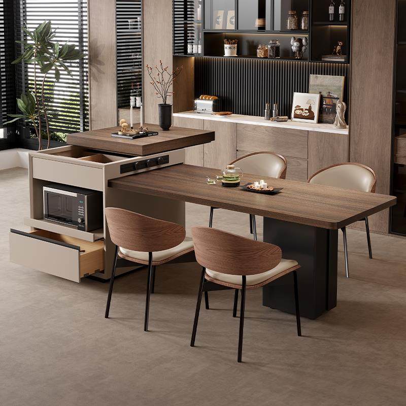 胡桃木纹色岩板岛台餐桌一体可伸缩多功能储物款极简实木高级倒台