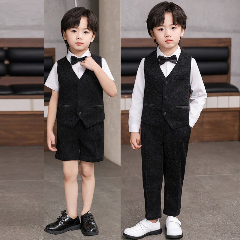 花童男童西装套装黑色夏季儿童主持人演讲礼服亮闪毕业钢琴演出服