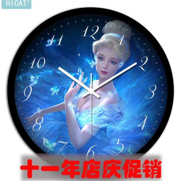 包邮可爱卡通灰姑娘金属超静音儿童房客厅电子石英壁挂钟表时钟