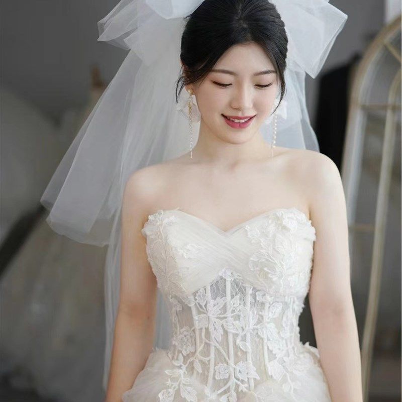 新款头纱抓泡云朵蓬蓬头纱领证登记新娘摄影造型街拍婚纱跟妆白色