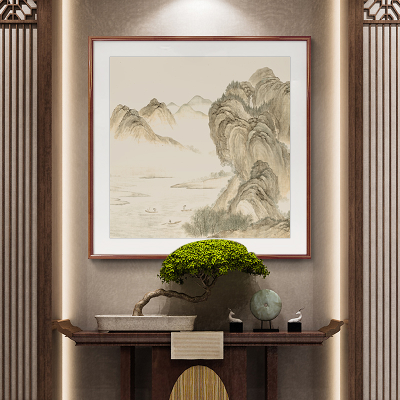 湖山春暖国画新中式玄关装饰画山水画客厅餐厅书房挂画斗方形风景图片