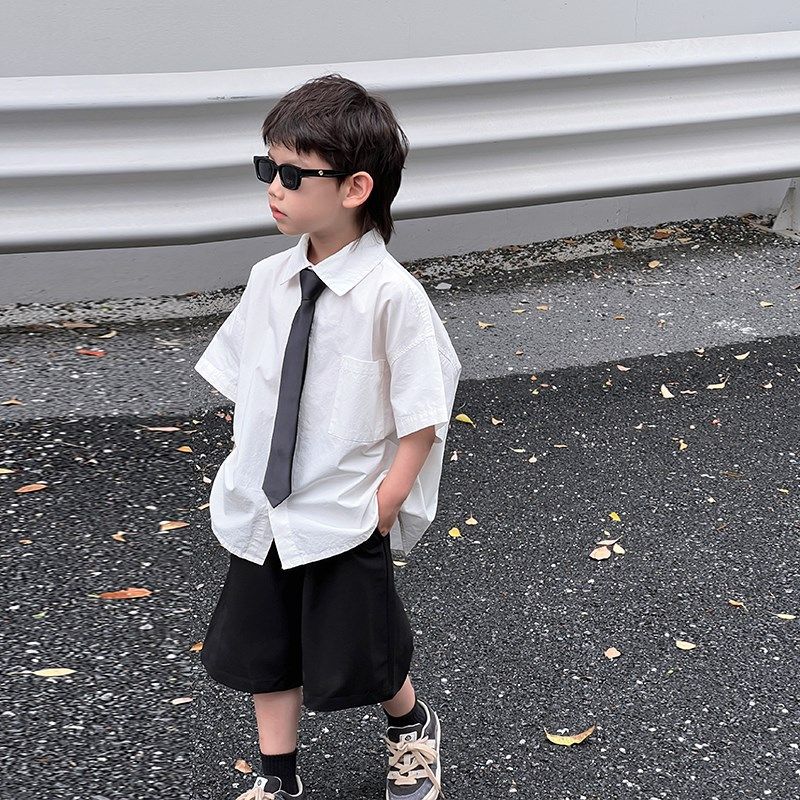 儿童短袖衬衫领带花童套装中大童男童宝宝T恤礼服表演服学院风夏5