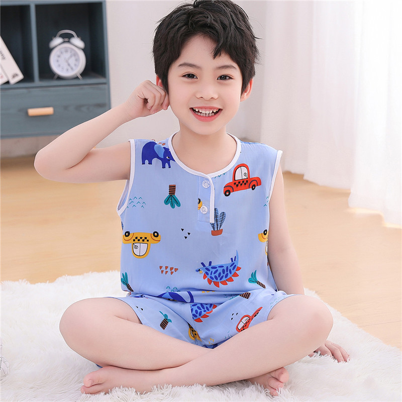 夏季儿童家居服男童女童薄绵绸背心小孩夏天无袖套装宝宝棉绸睡衣