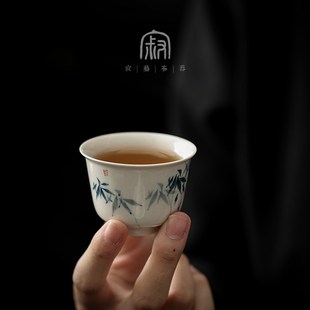 手绘蓝竹茶杯品茗杯家用草木灰陶瓷茶具直口杯创意小杯子单杯定制
