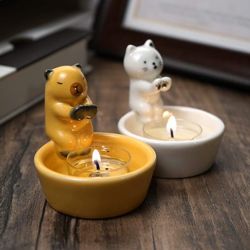小猫咪烤手陶瓷烛台卡皮巴拉创意可爱趣味小蜡烛底座容器氛围摆件