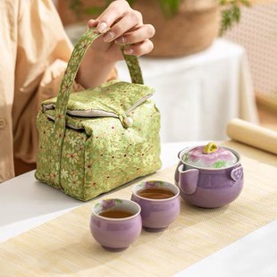 手绘紫牡丹功夫茶具草木灰釉下彩一壶二杯收纳包家用陶瓷旅行套装