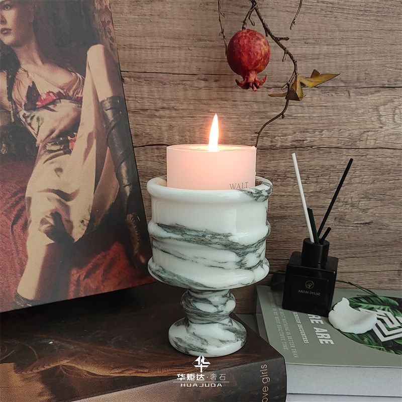 法式奢石蜡烛托台烛杯天然大理石烛台底座石材家居好物香薰摆件