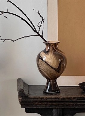 样板间拼色玻璃花瓶中古风灯客厅装饰软装摆件手工琉璃高脚花器