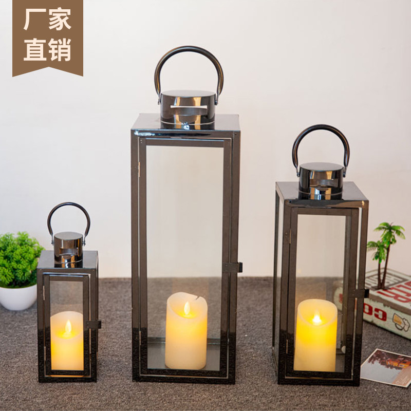 欧式防风铁艺不锈钢玫瑰金风灯套装烛台LED蜡烛庭院摆件婚庆道具