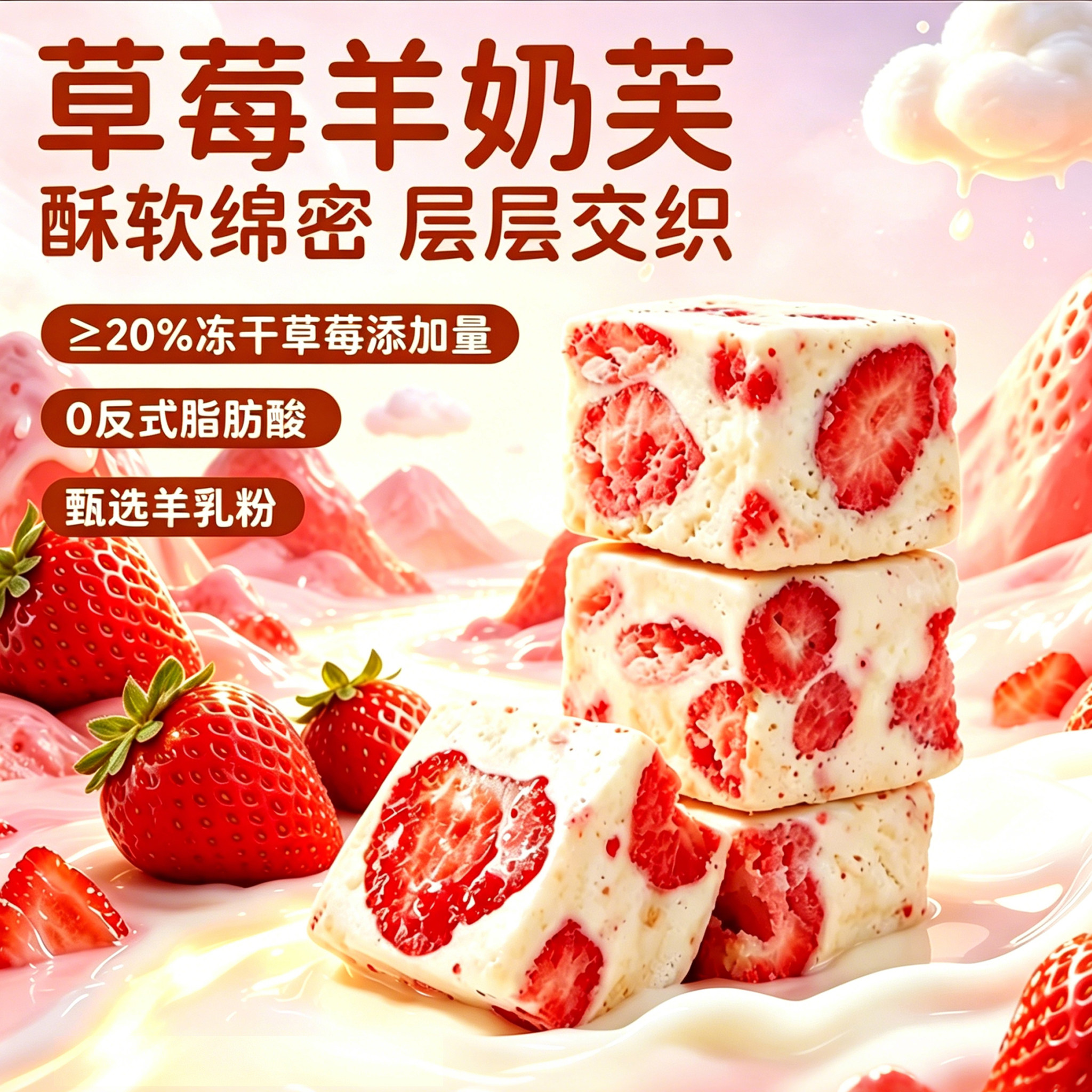 草莓羊奶芙手工制作果干夹心多口味软糯香甜学生宿舍常备零食糕点