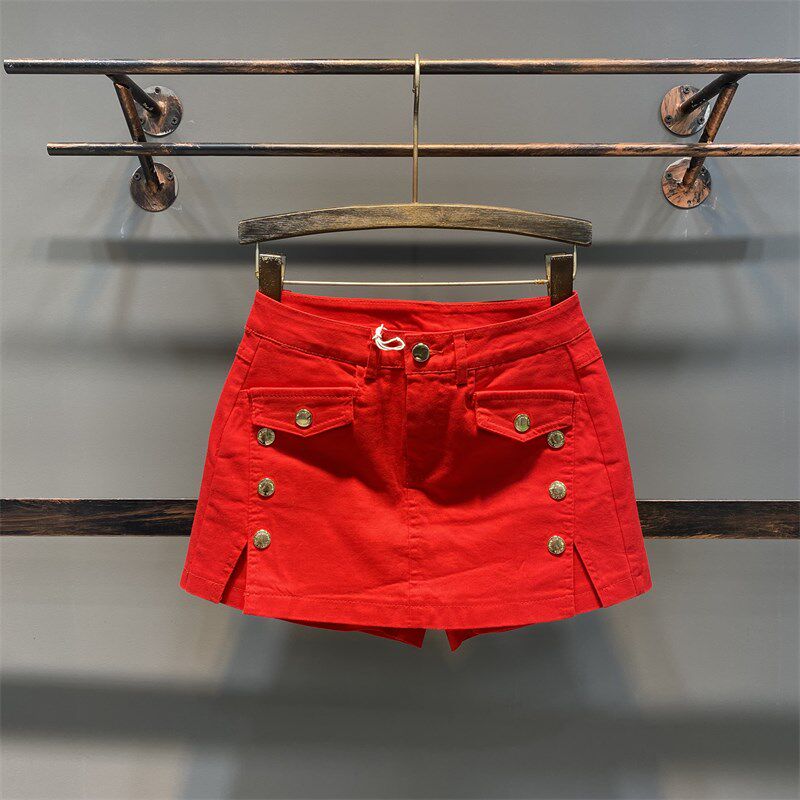 夏季时尚双排扣牛仔短裙裤女假两件修身百搭休闲半身a字阔腿裤裙
