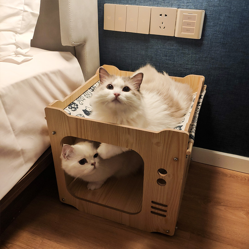 猫窝夏季半封闭式猫房子木制积木四季通用别墅双层猫咪用品猫屋