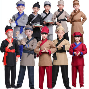 店小二跑堂儿童成人服装男女童古代农家丁演出服书童汉服古装舞台