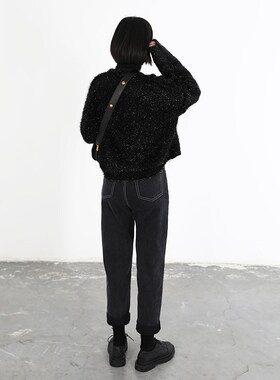 CV大码女装复古显瘦高腰宽松直筒哈伦牛仔裤黑灰色锥形裤子女2024