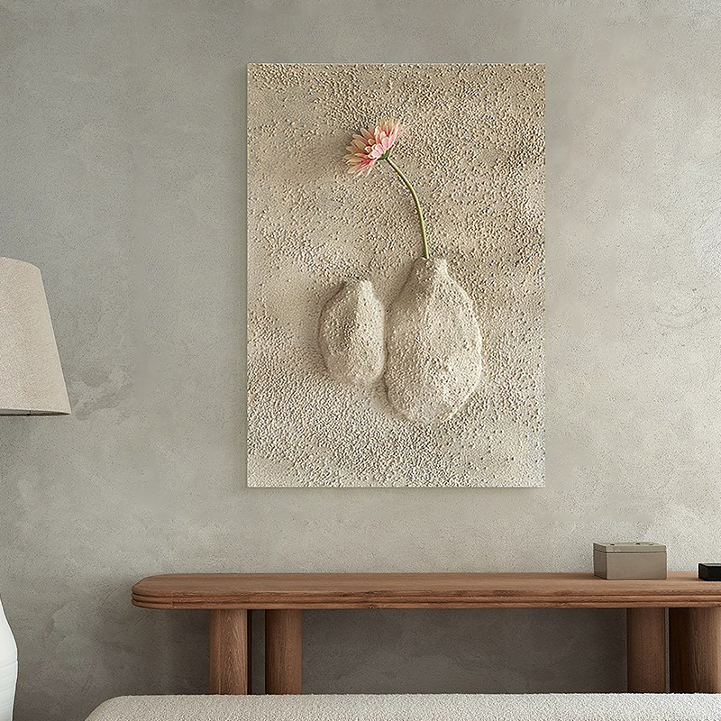 侘寂风立体浮雕客厅装饰画高级感高档砂岩花瓶壁画入户玄关挂画