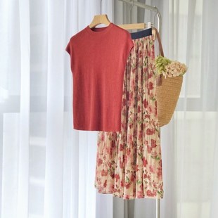 雪纺碎花半身裙长款女早秋夏季垂坠感高级感气质套装百褶a字长裙