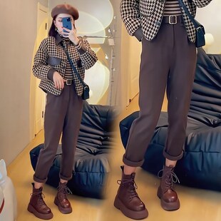 短款拼皮格子夹棉毛呢外套秋冬小个子外套加厚直筒小脚裤两件套女