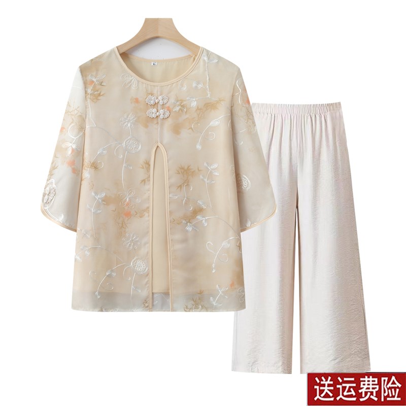 妈妈夏装短袖雪纺上衣2025新款中式国风套装中老年女奶奶夏季衣服