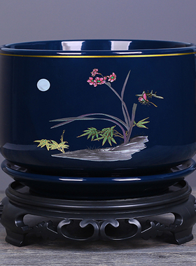 蓝色国潮花盆陶瓷带底座中国风室内阳台蝴蝶兰盆栽多肉透气绿植盆