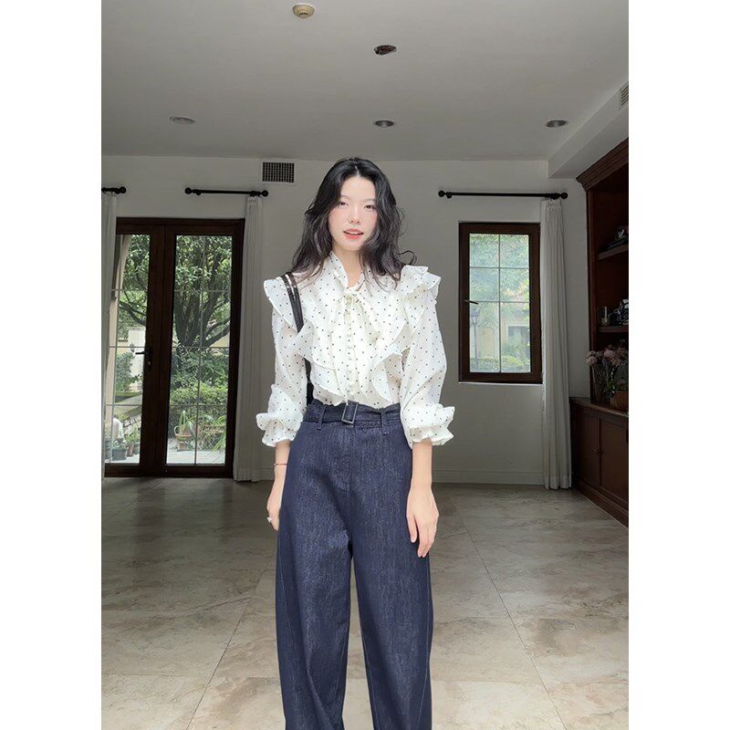 郭九九呢法式气质甜美荷叶边植绒爱心衬衫秋季百搭上衣高腰牛仔裤