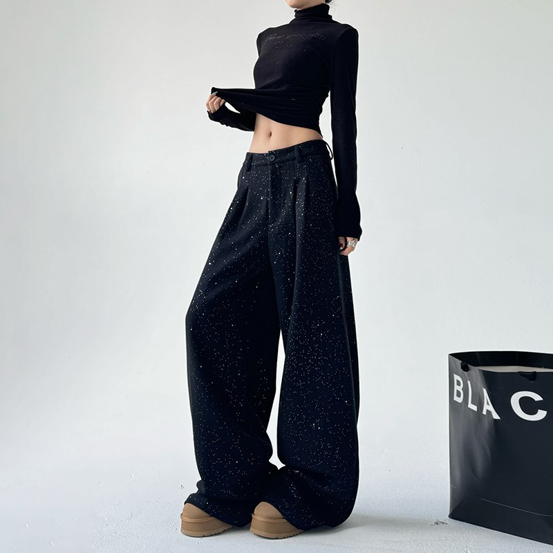 高级感撒银亮闪闪休闲裤女2024冬季加绒时尚洋气加厚阔腿直筒长裤