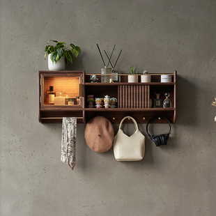 实木墙上置物架玄关挂衣架挂墙书架黑胡桃木壁挂式酒架墙壁收纳架