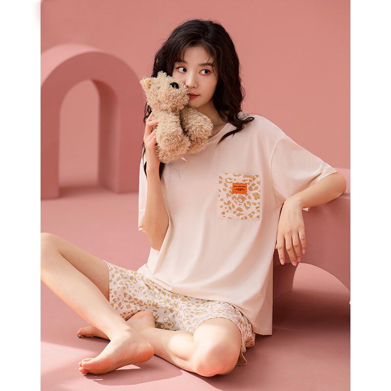 女款睡衣夏季夏装纯棉短袖短裤豹纹家居服夏天套头休闲可外穿套装