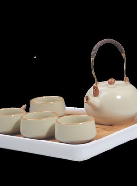 黄色汝窑小提梁壶茶具套装简约泡茶壶防烫把手壶蓄水茶盘一壶四杯