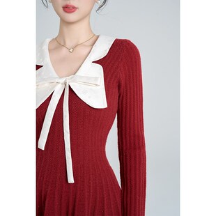 蝴蝶结红色修身毛衣打底连衣裙女冬季高级感荷叶边显瘦内搭a字裙