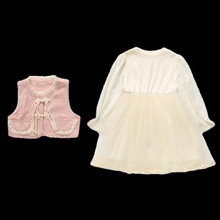 女童春季连衣裙2024新款儿童中国风马甲裙子套装新中式公主裙纱裙