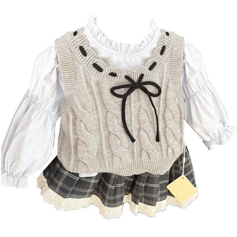 女宝宝绅雅学院风套装女童秋季2024新款女婴儿背心衬衫短裙三件套