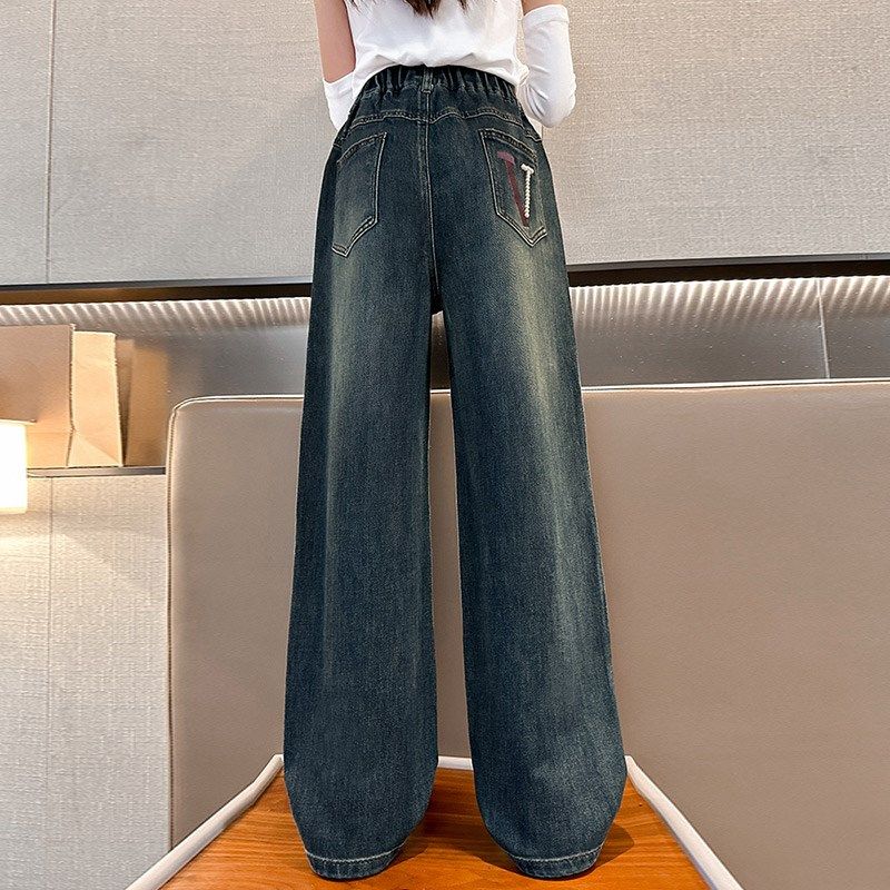 女童加绒加厚牛仔裤2025冬季中大童保暖直筒长裤初中学生阔腿裤