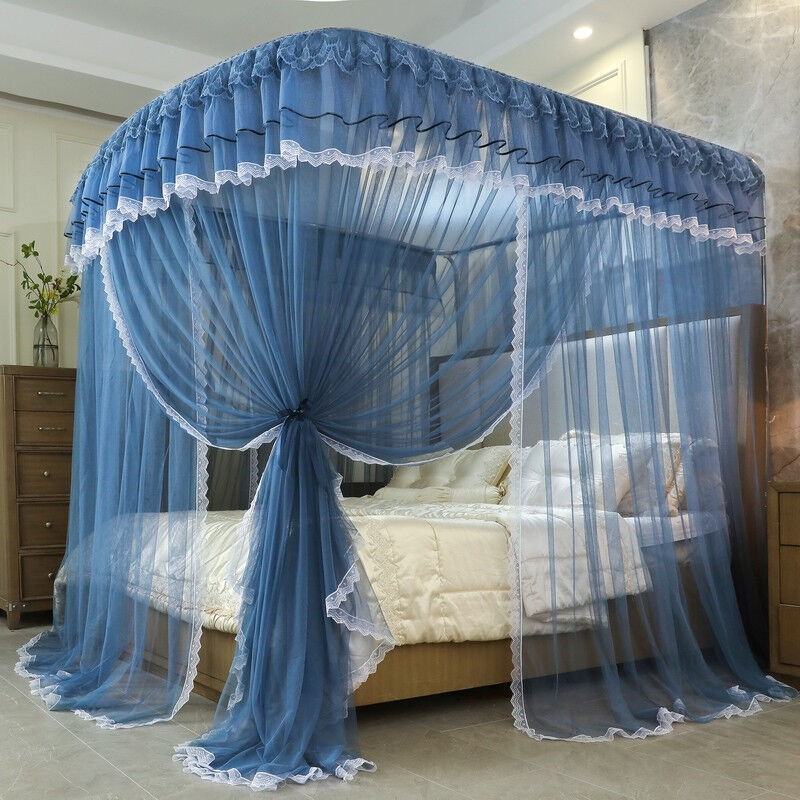 U型伸缩蚊帐三开门加粗落地支架家用加密加厚纹账免打孔88529-宝