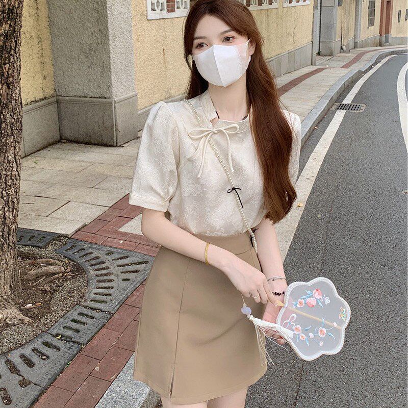 旗袍改良新中式国风上衣套装女夏季法式复古短袖衬衫半身裙两件套