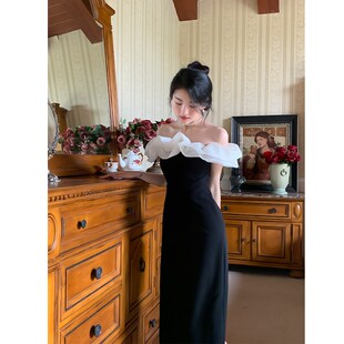 鹿与玫瑰新中式一字肩连衣裙女气质修身法式复古白色订婚礼服裙子