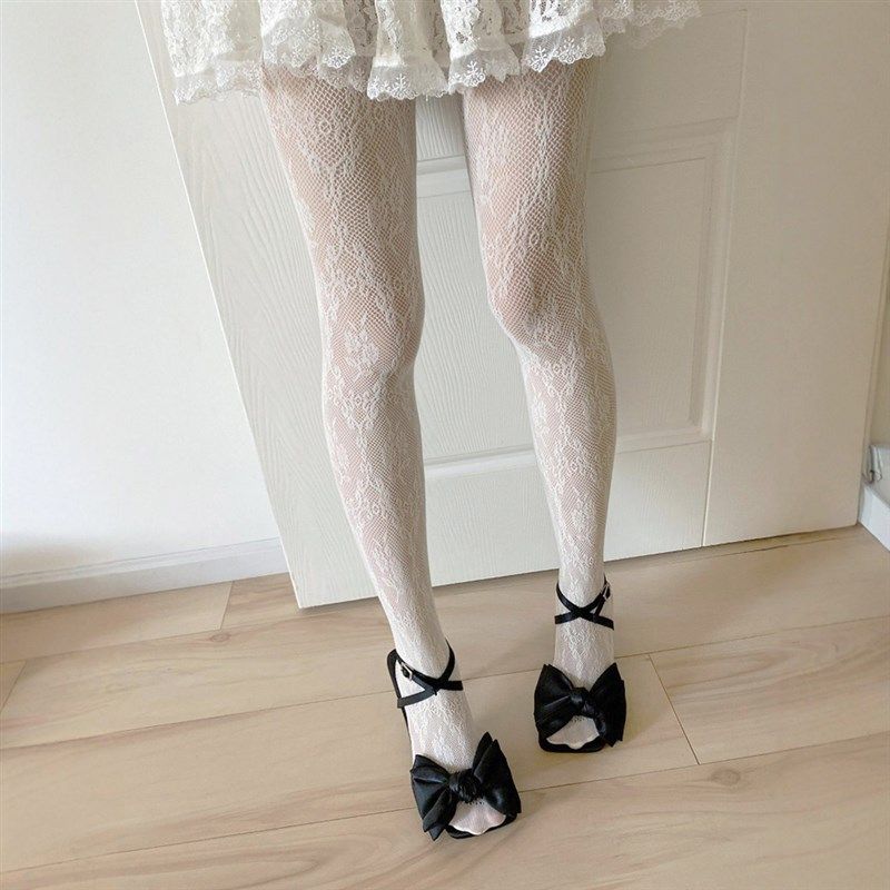 梦幻少女丝袜奶白色蕾丝袜超美玫瑰花法式新娘婚纱袜复古连裤袜子