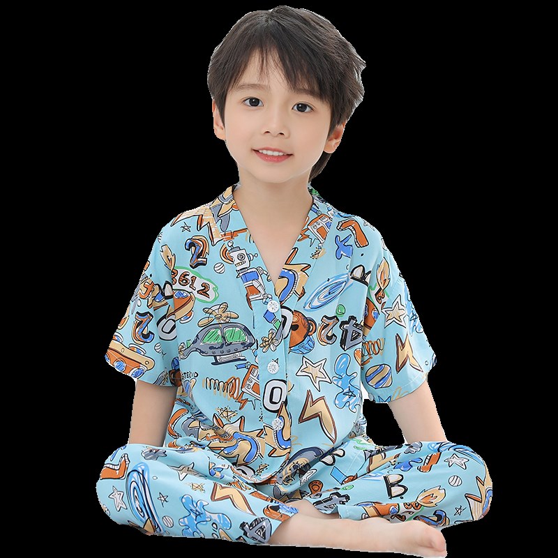 夏季儿童棉绸睡衣套装新款大童空调服女孩男童短袖长裤绵绸家居服