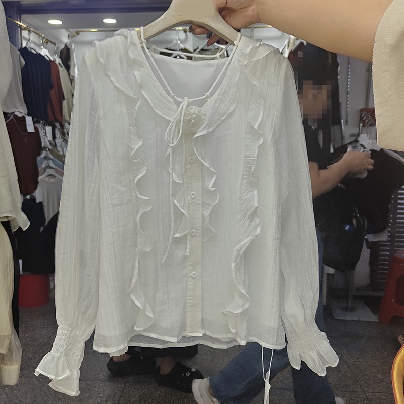 2024秋季新款法式V领荷叶边衬衫女喇叭袖长袖衬衣气质雪纺衫上衣