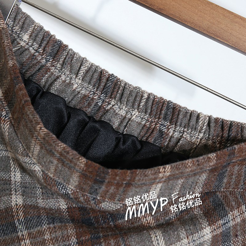 复古格纹加厚毛呢A字半身裙女秋冬新款中长款格子裙子长裙半裙