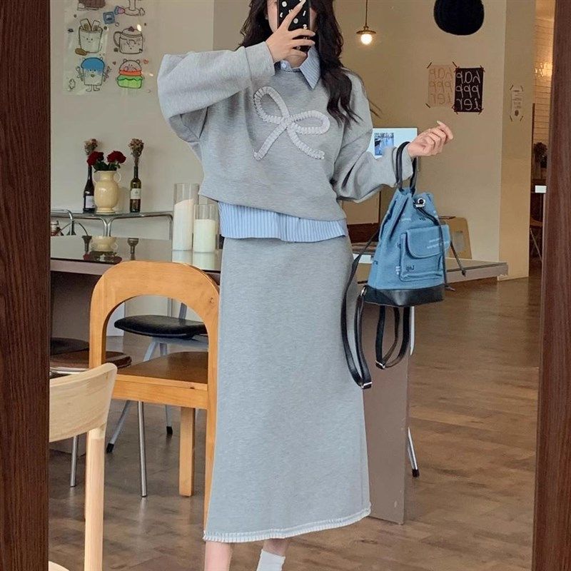 大码胖mm长袖polo领条纹拼接假两件卫衣高腰包臀半身裙两件套装女,女装/女士精品,时尚套装,淘宝优惠券,粉丝福利购,淘宝优惠卷