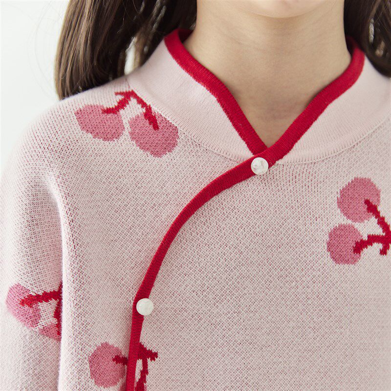 棵初2024年冬季新款女童新中式全棉针织旗袍裙甜美俏皮樱桃连衣裙