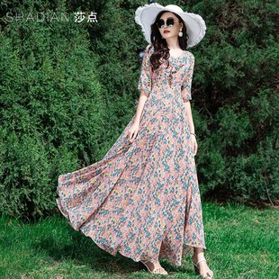 碎花连衣裙女长款2025夏季新款雪纺大摆裙收腰显瘦沙滩长裙到脚踝
