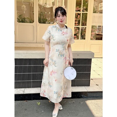 36890新中式国风新款锦鲤改良旗袍少女优雅胖MM大码连衣裙