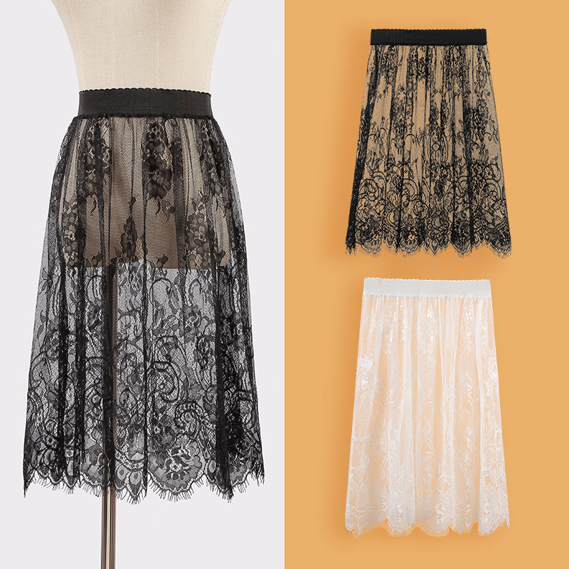 蕾丝内搭裙中长款网纱大码半身裙百搭黑色蕾丝半身裙旗袍打底夏季