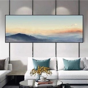 纯手绘油画新中式旭日东升风景挂画横版卧室客厅沙发背景墙装饰画