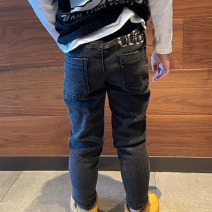童装男童黑灰色牛仔小脚修身裤子2023春秋铅笔裤弹力宝宝儿童长裤